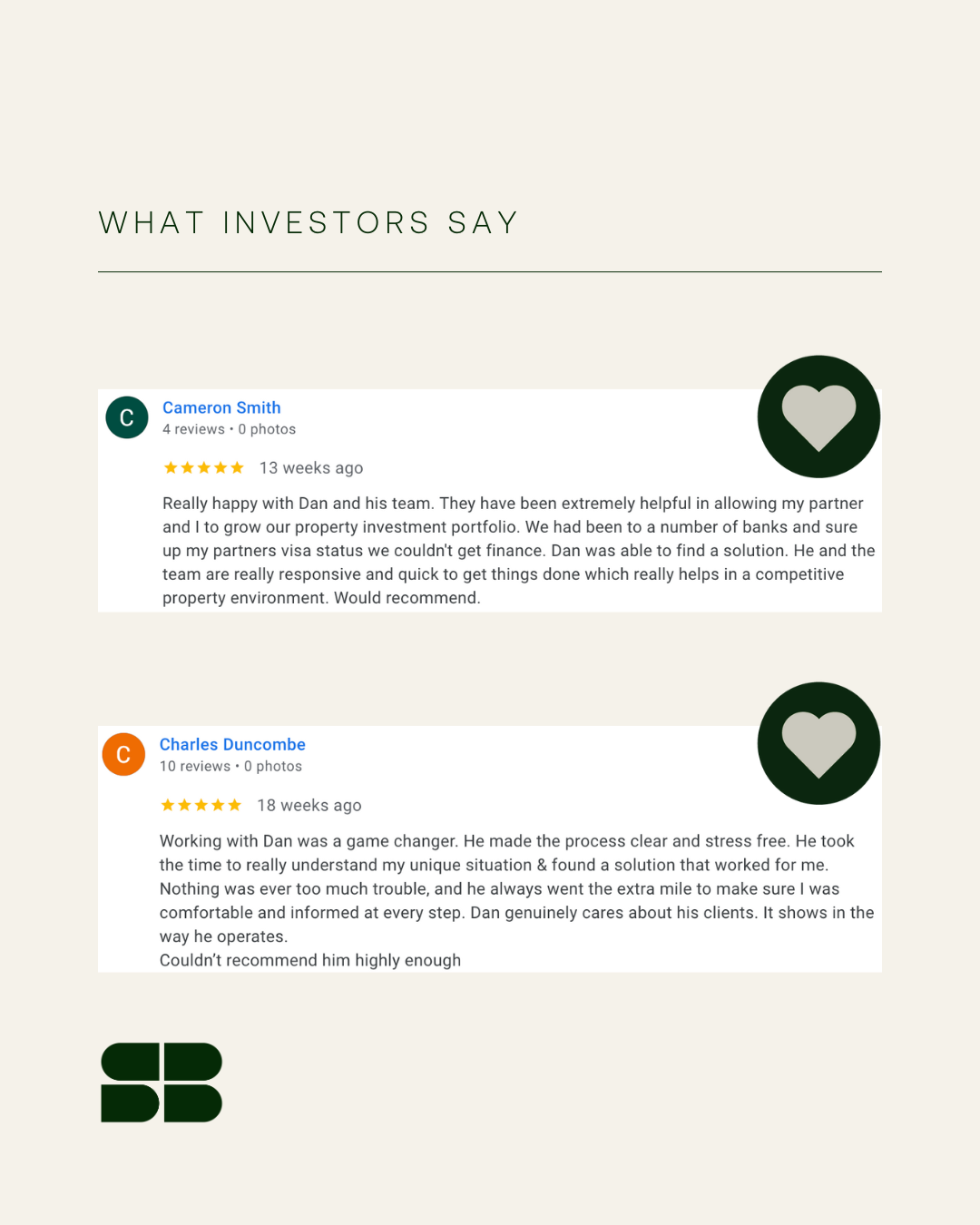 Screenshot of two five star Google reviews from property investors praising Specialist Broking for clarity, responsiveness and guidance through competitive lending conditions.