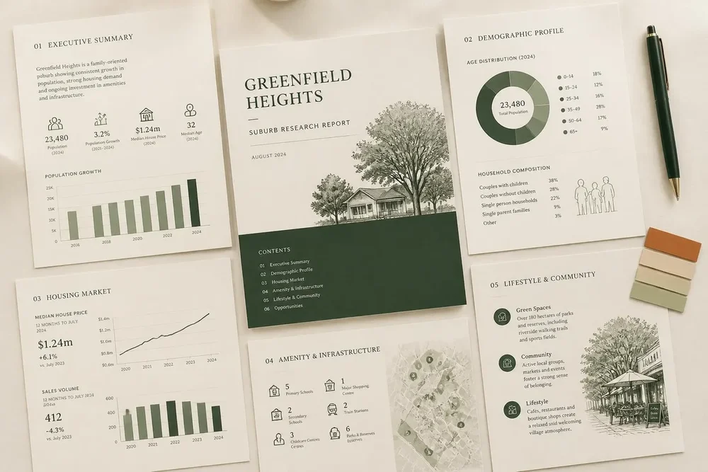 Printed property research report pages laid out on a desk