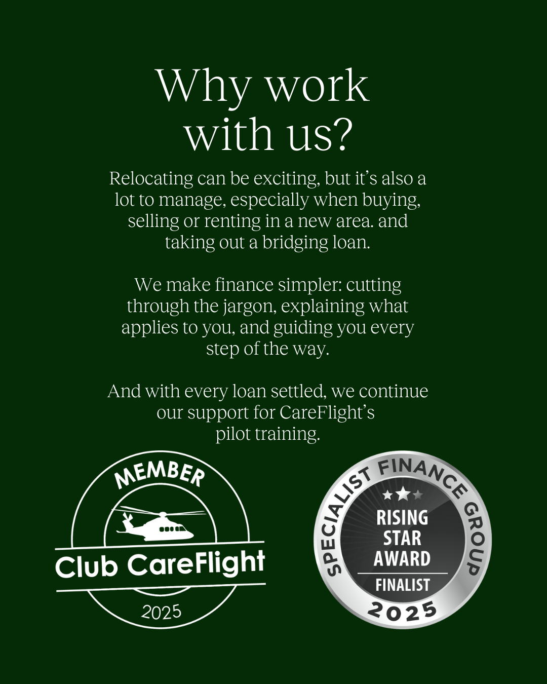 Specialist Broking graphic explaining relocation support and CareFlight partnership, including award badge and member emblem.