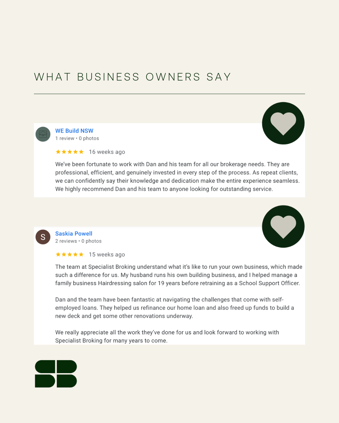 Screenshot of two five star Google reviews from small business owners thanking Specialist Broking for expert lending support and clear communication throughout complex finance needs.