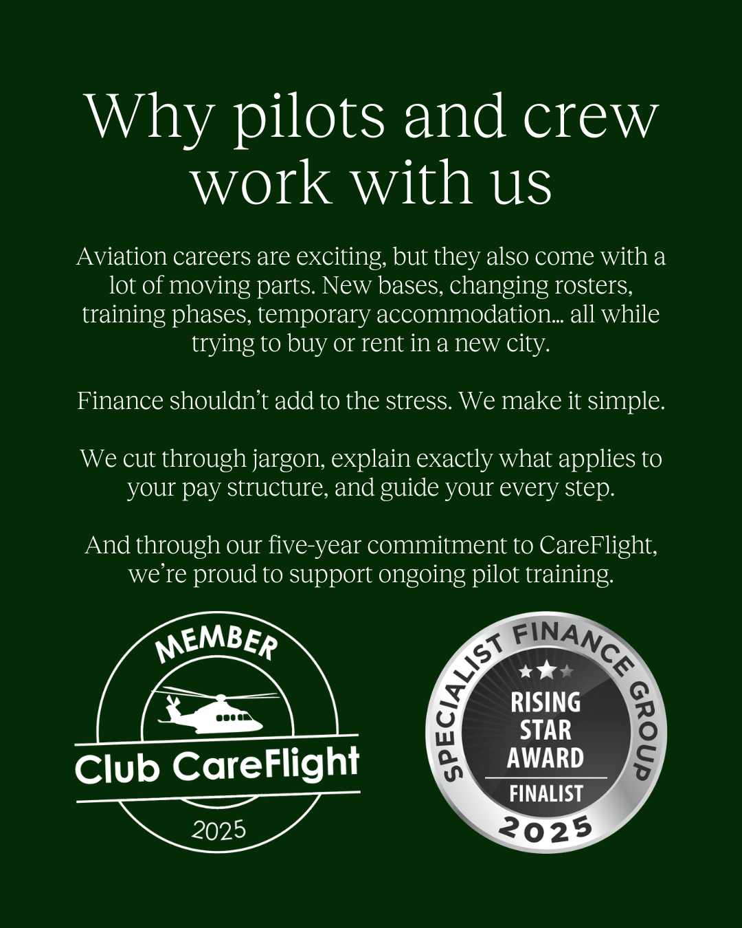 Specialist Broking graphic explaining why pilots and cabin crew choose our finance support, highlighting aviation career challenges and our five-year commitment to CareFlight training.