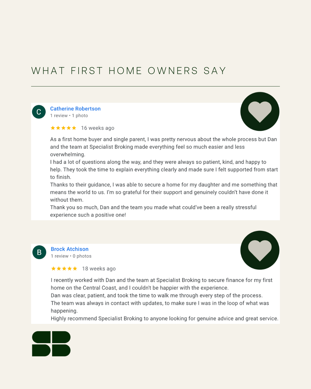 Screenshot of two five star Google reviews from first home buyers describing how Specialist Broking made the lending process easier, clearer and less stressful.