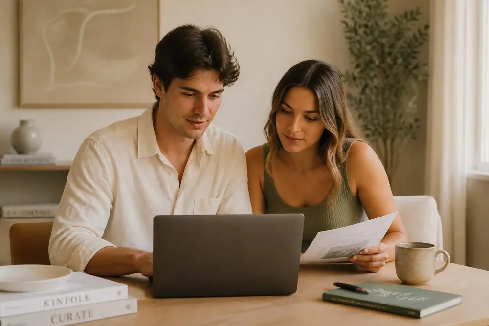 Alex and Sam reviewing their home loan options at a kitchen table