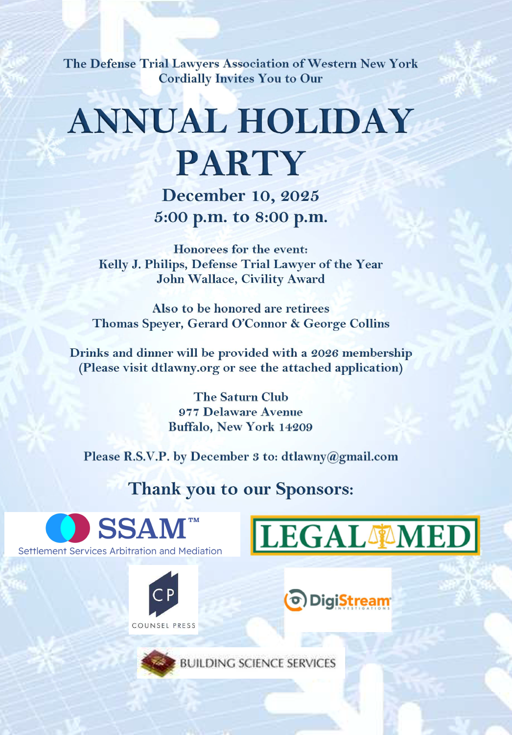 Drinks and dinner will be provided for all 2026 members. Please RSVP by December 3rd to DTLAWNY@gmail.com.