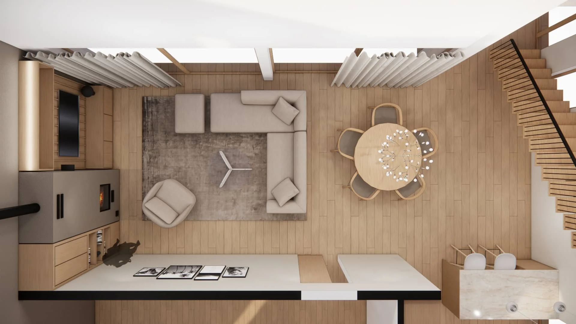 Olohuone–ruokailutilan 3D‑pohjakuva, avoin tila, sohvaryhmä, takka ja ruokapöytä modernissa omakotitalon sisustussuunnittelussa.