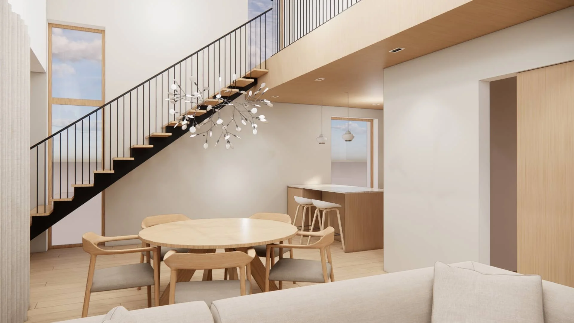 Moderni olohuone–ruokailutila omakotitalossa, avoin portaikko, vaaleat puupinnat ja huolellisesti suunniteltu sisustus.