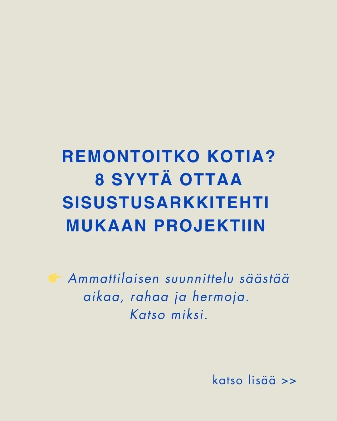 Remontoitko kotia?
8 syyt&auml; ottaa sisustusarkkitehti mukaan projektiin!
✨ Ammattilaisen suunnittelu s&auml;&auml;st&auml;&auml; aikaa, rahaa ja hermoja &ndash; ja lopputulos kest&auml;&auml; aikaa.
✅ Toimiva pohjaratkaisu ja yhten&auml;inen ilme
