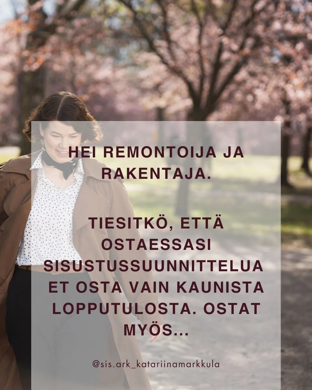 Hei rakentaja ja remontoija 👋

Tiesitk&ouml;, ett&auml; ostaessasi sisustussuunnittelua&hellip;
et osta vain kaunista lopputulosta ✨

Ostat kokonaisen prosessin, jota ohjaa suunnittelijan ajattelu, analyysikyky, asiakasymm&auml;rrys ja luovat ongelm