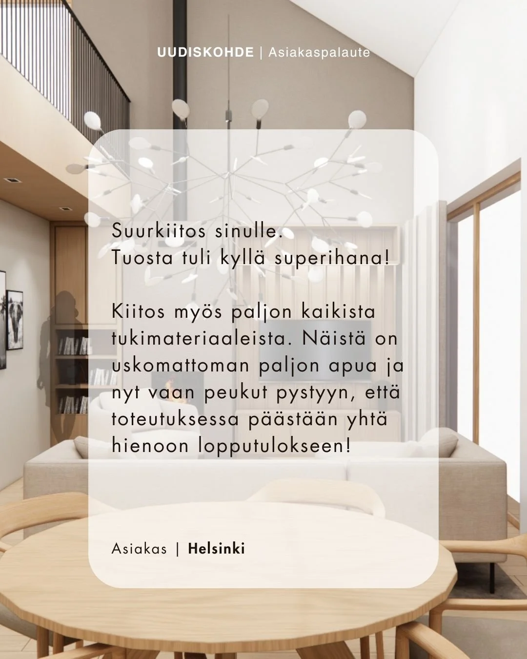 🤍Asiakaspalaute, joka l&auml;mmitt&auml;&auml; mielt&auml; 🤍
Uudisrakentaja-asiakkaani palaute valmiista sisustussuunnitelma- ja visualisointipaketista. Oli ilo auttaa hahmottamaan uuden kodin sis&auml;tilojen kalustamismahdollisuuksia sek&auml; ma
