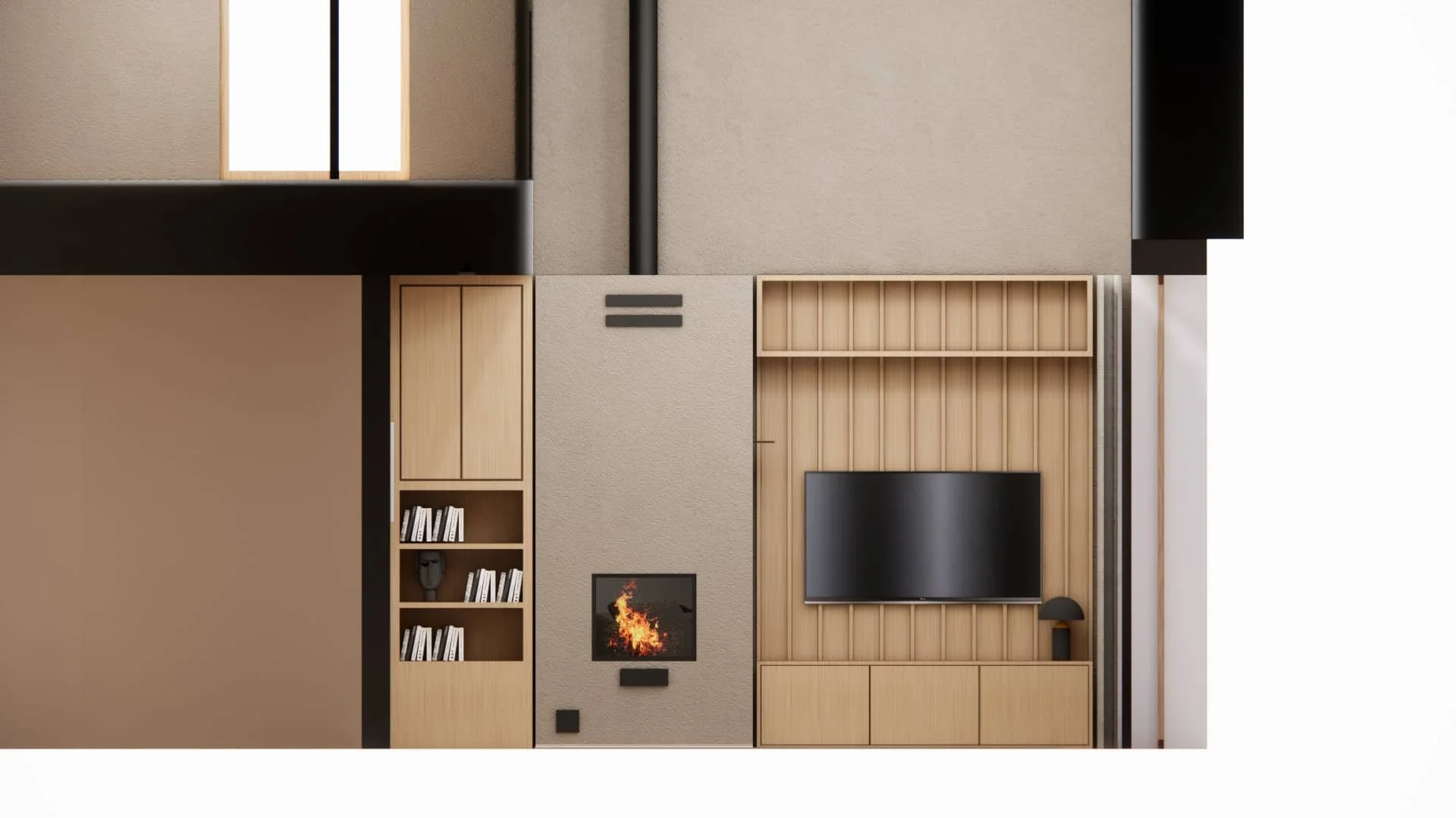 Olohuoneen takkaseinä ja tv‑kokonaisuus, mittatilauskalusteet ja moderni sisustussuunnittelu korkeassa tilassa omakotitalossa.