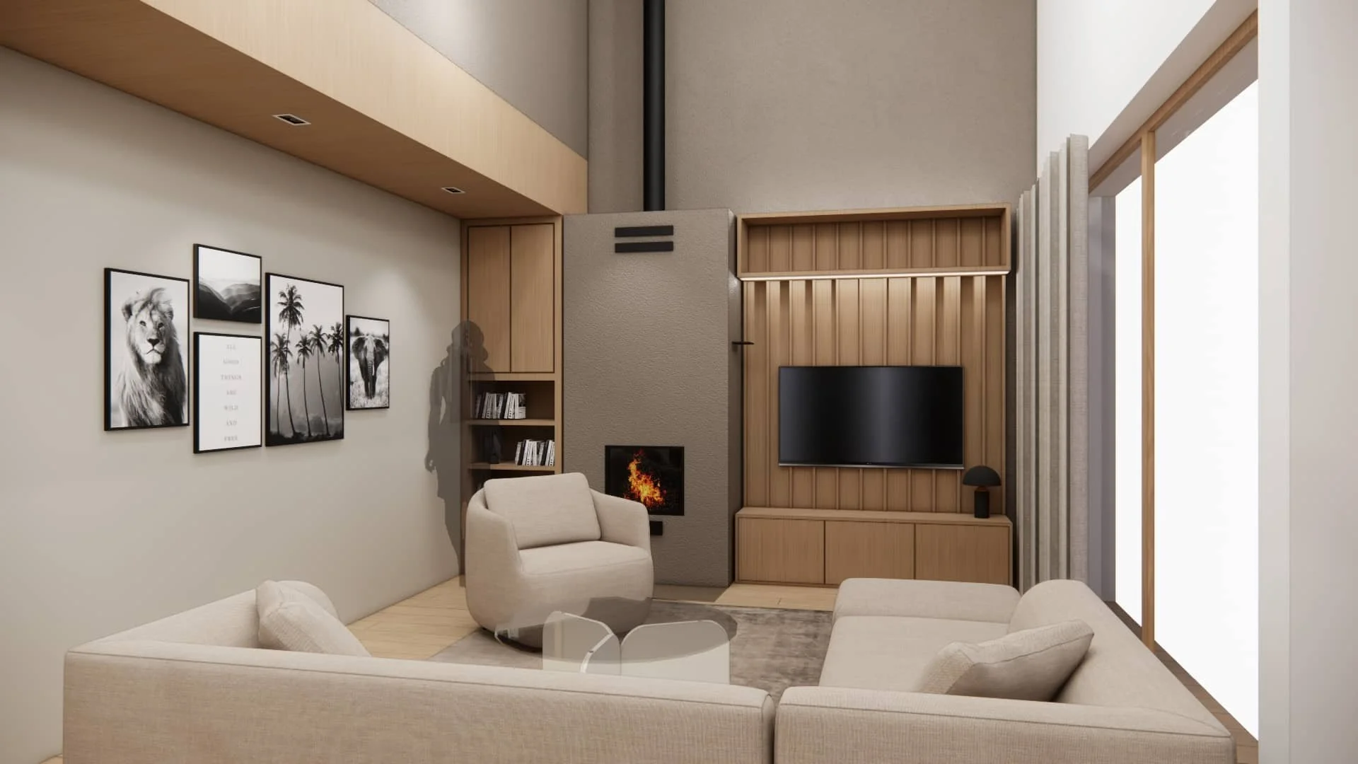 Moderni olohuoneen takkaseinä omakotitalossa, mittatilauskalusteet, integroitu tv ja takka sekä harmoninen sisustussuunnittelu vaaleilla puupinnoilla.