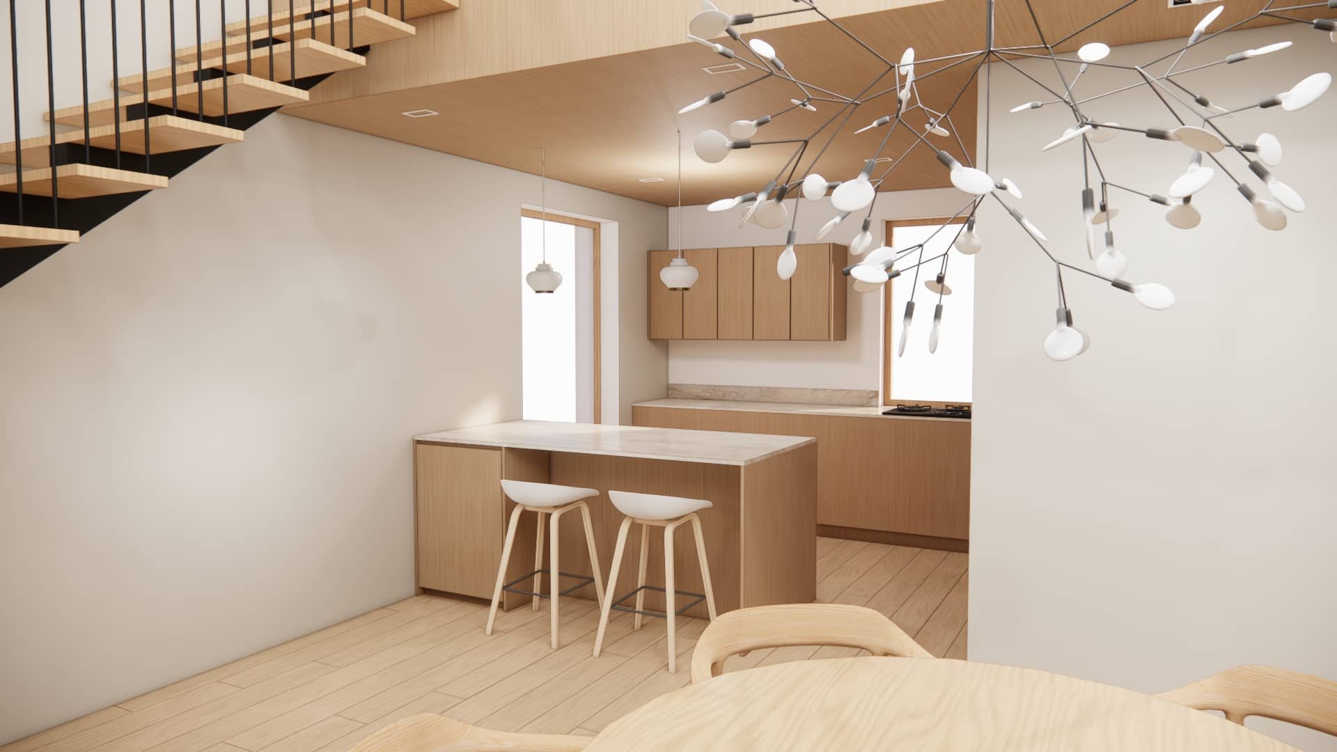 Moderni tammikeittiö saarekkeella, vaaleat puupinnat, avokeittiö ja huolellisesti suunniteltu valaistus omakotitalossa.