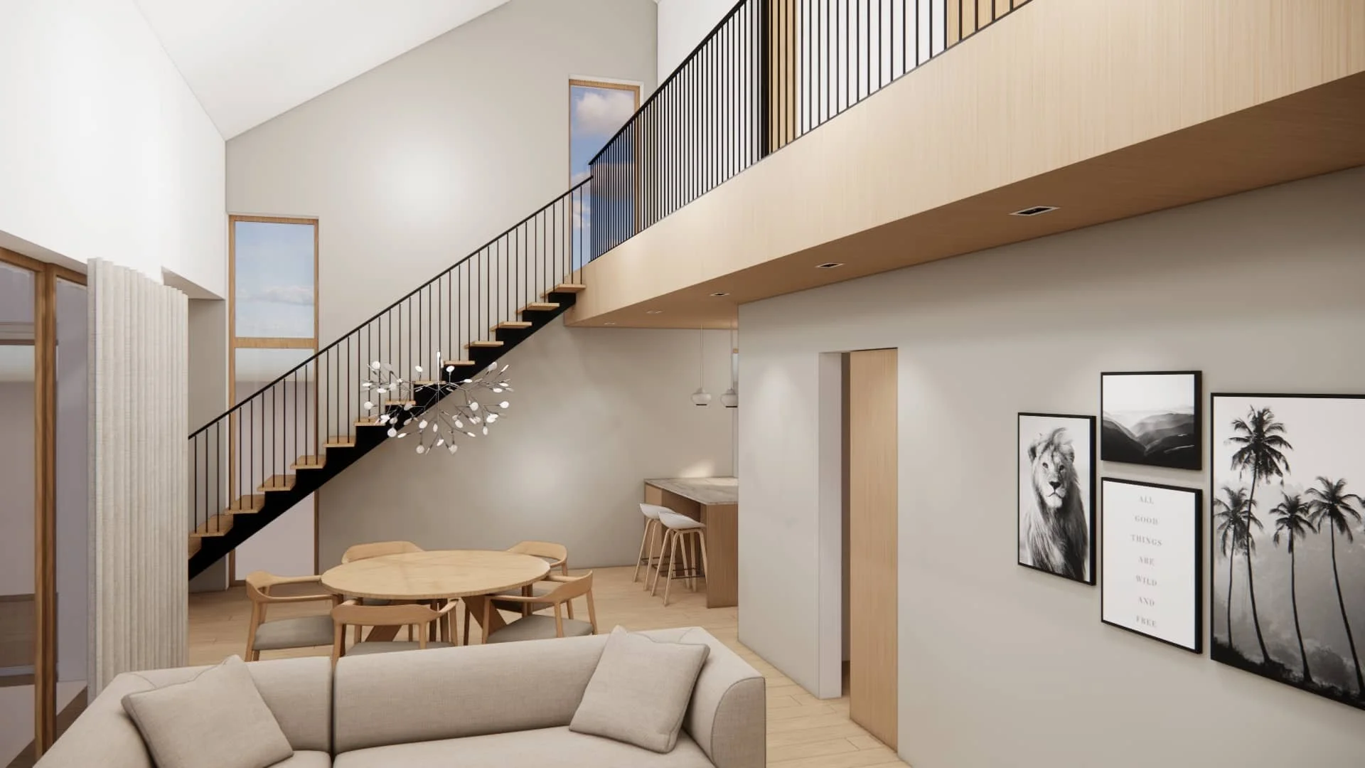 Moderni olohuone–ruokailutila ja avoin portaikko, korkeaa tilaa, vaaleat puupinnat ja huolella suunniteltu sisustus omakotitalossa.