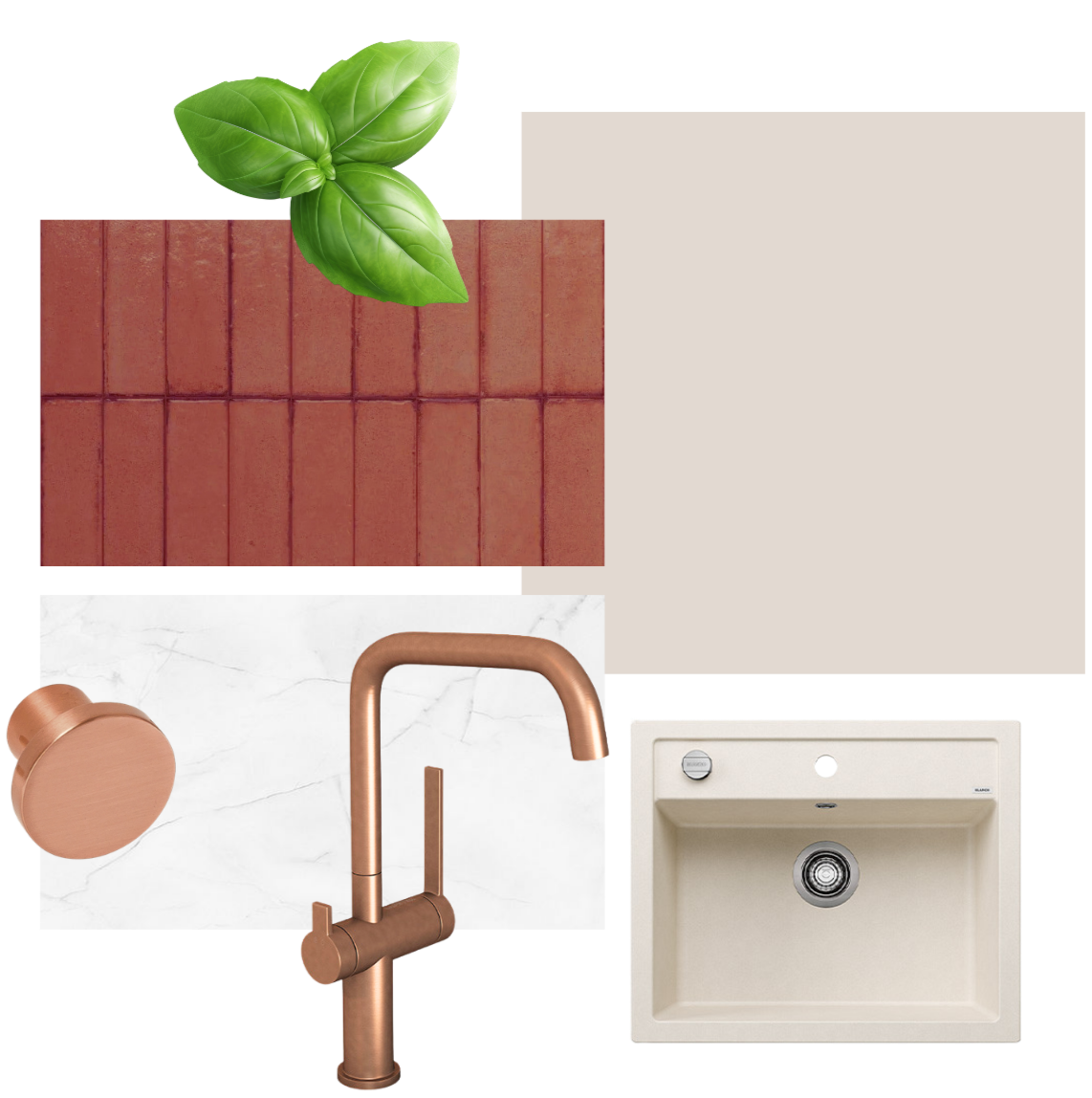 Valokuvassa näkyy vihreä kasvi, punainen tiililaattaseinä, keraaminen työtaso, kuparista valmistettu hana ja valkoinen keittiöallas.