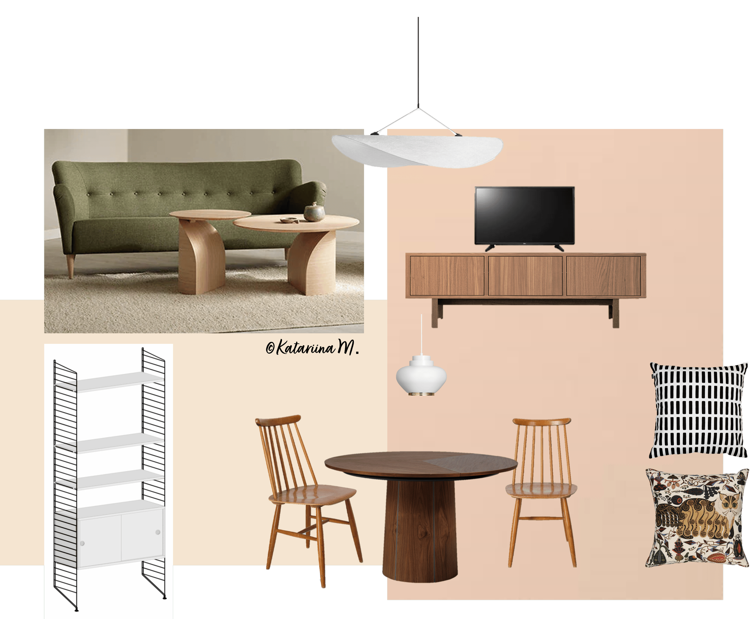 Värikkään olohuoneen moodboard