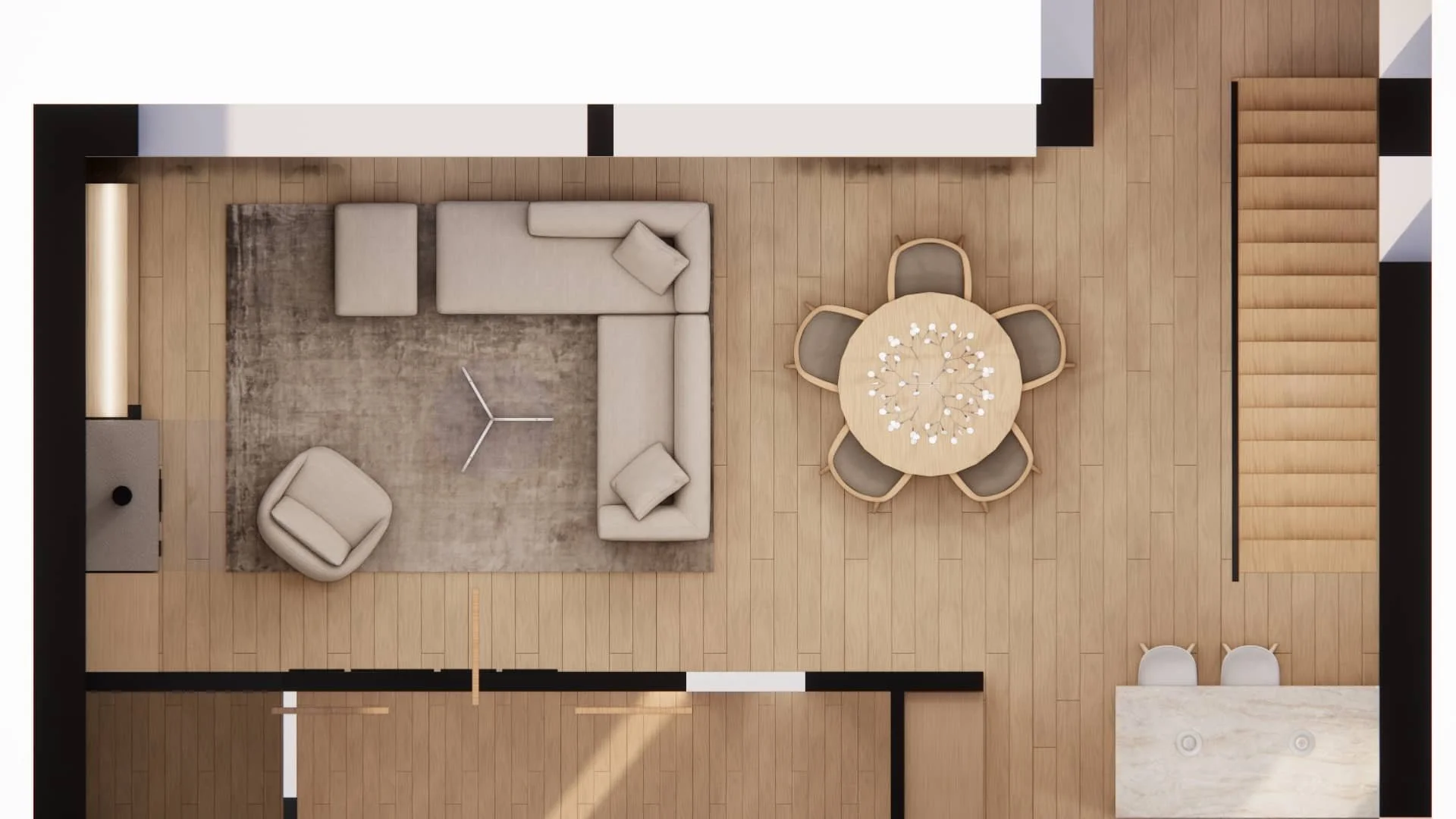 Olohuone–ruokailutilan 2D‑pohjakuva, avoin tila, sohvaryhmä, takka ja ruokapöytä modernissa omakotitalon sisustussuunnittelussa.