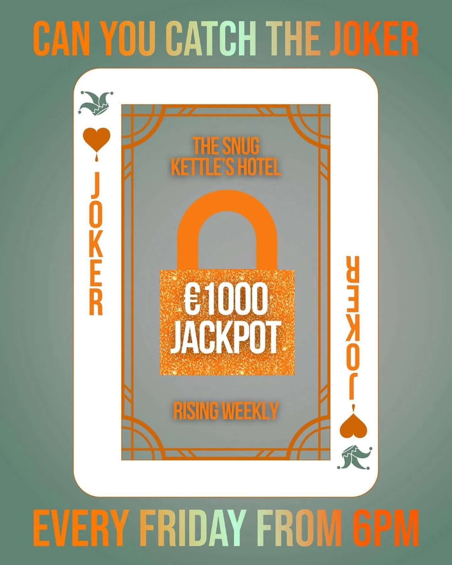 🃏 Can you catch the Joker?
💰 &euro;1000 jackpot &mdash; rising every week!
Join the fun every Friday from 6pm at The Snug, Kettle&rsquo;s Hotel for your chance to win big!

#CatchTheJoker #Jackpot #KettlesHotel #TheSnug #FridayNightFun #WinBig #Cas