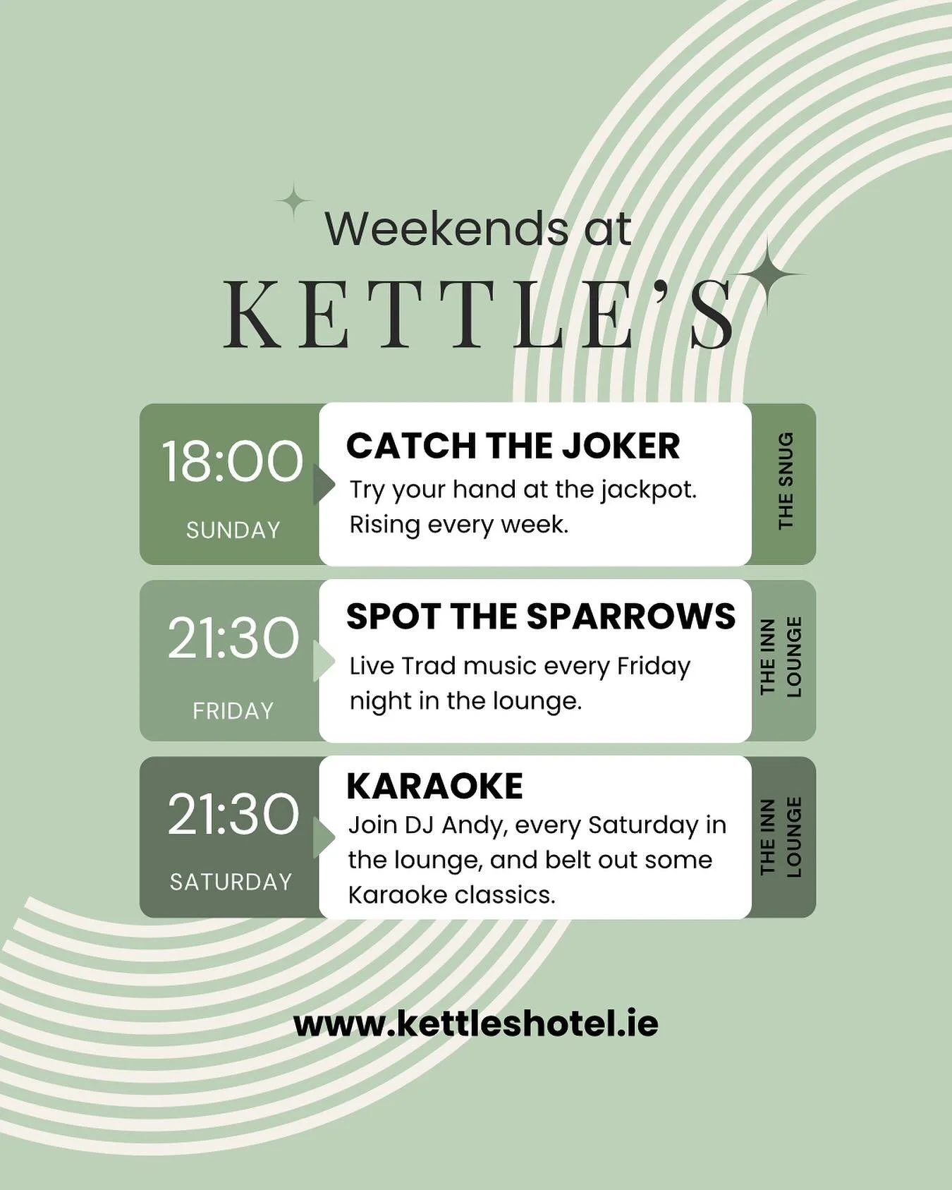 ✨ Weekends are made for good craic at Kettle&rsquo;s Hotel! ✨

🎶 Friday 9:30pm &ndash; Spot the Sparrows live Trad music in the Lounge
🎤 Saturday 9:30pm &ndash; Karaoke with DJ Andy (bring your best voice 🎵)
🃏 Sunday 6pm &ndash; Catch the Joker i