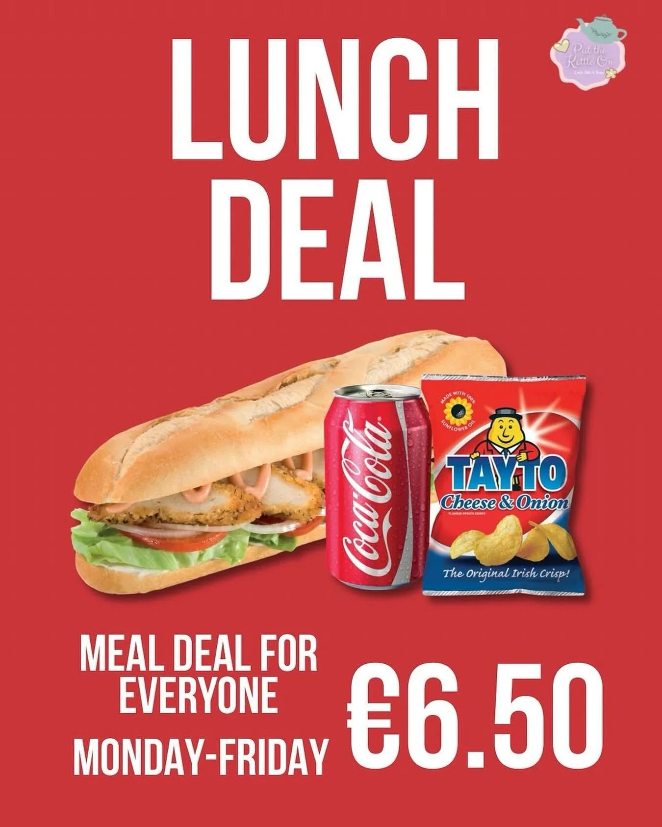 ✨ Lunch Deal Alert! ✨

Pop into @putthekettleoncafe and grab our Meal Deal! 

Chicken Fillet Roll, Tayto &amp; a drink &ndash; only &euro;6.50.

📅 Mon&ndash;Fri