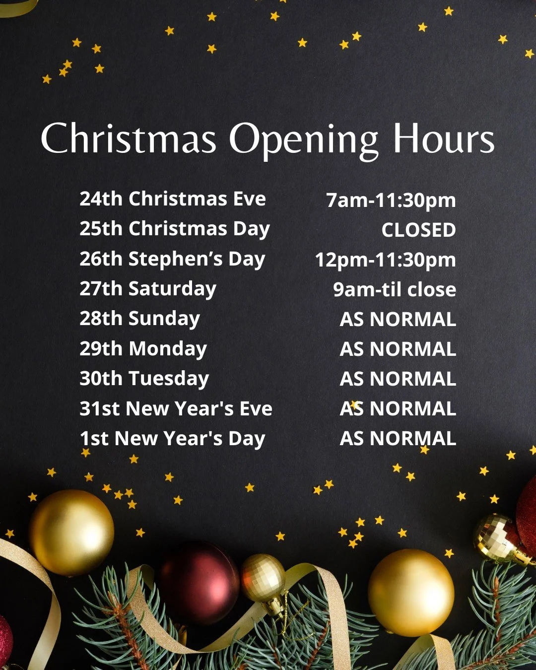 SANTA IS COMING!!!!!

Christmas is underway at Kettle's Country House Hotel. A lot of people have been enquiring about our opening hours for upcoming holidays.

Takeaway Christmas dinners will be availible for collection on Christmas Eve.