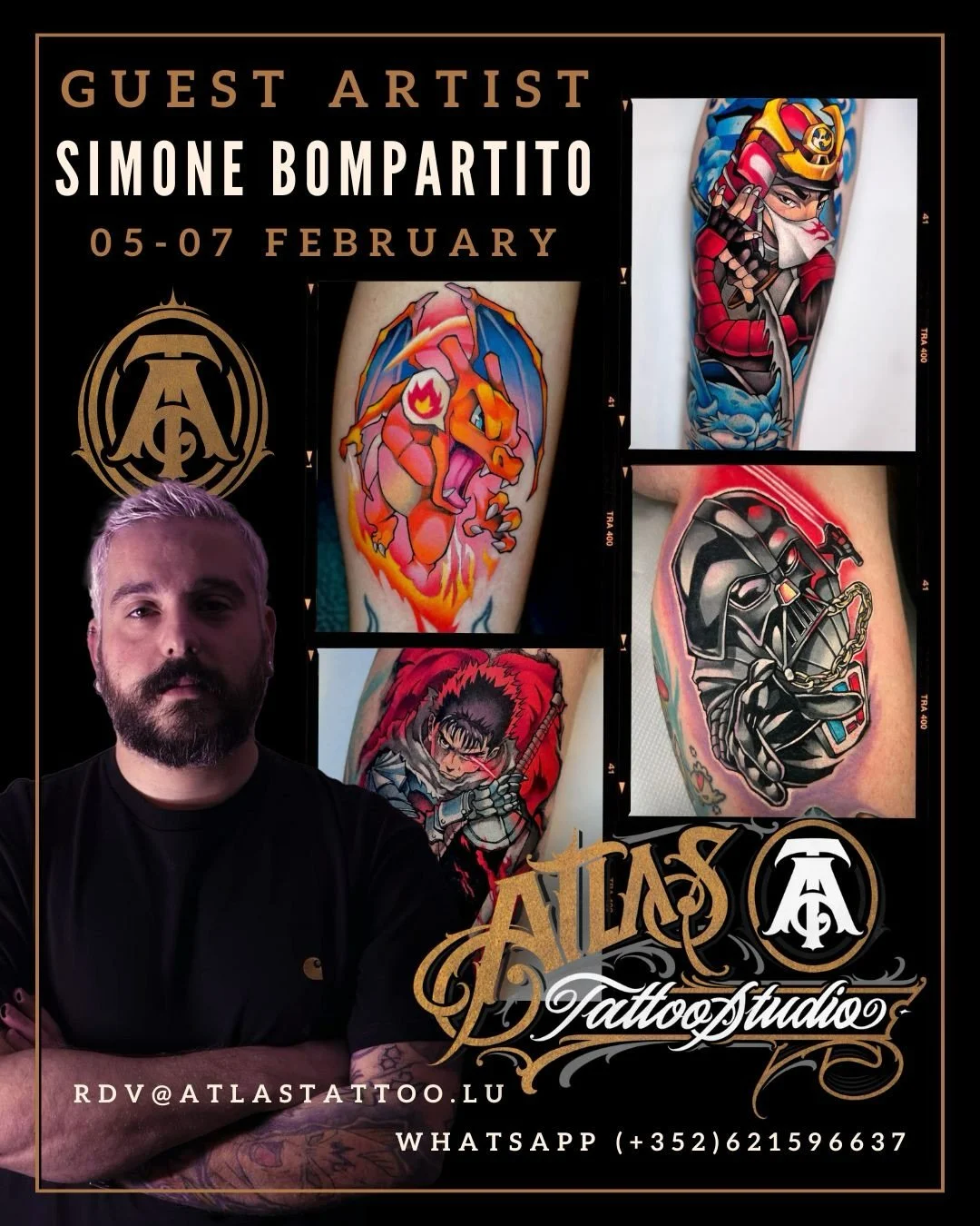 Guest Artist: @simonebompartito_tattoo at Atlas Tattoo Studio ✨
📅 05&ndash;07 December

⚡️ Don&rsquo;t miss your chance to get tattooed during his visit!

👉 Swipe to see more of his work.
📧 rdv@atlastattoo.lu
📲 WhatsApp (+352) 621 596 637
💌 Or s