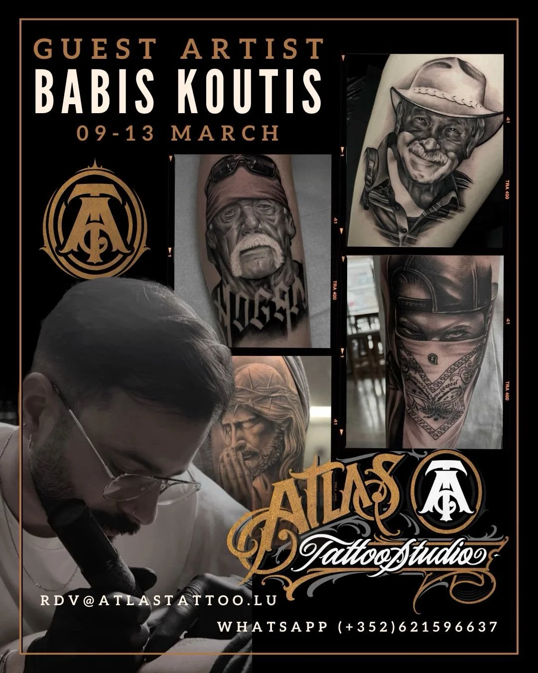 ✨ Guest Artist: Babis Koutis at Atlas Tattoo Studio ✨ 
👉 @ba_kou 
📅 09&ndash;13 March 

We&rsquo;re excited to welcome Babis Koutis to Luxembourg! 
His main styles focus on black &amp; grey realism. 

👉 Swipe to discover more of his work. 
📩 rdv@