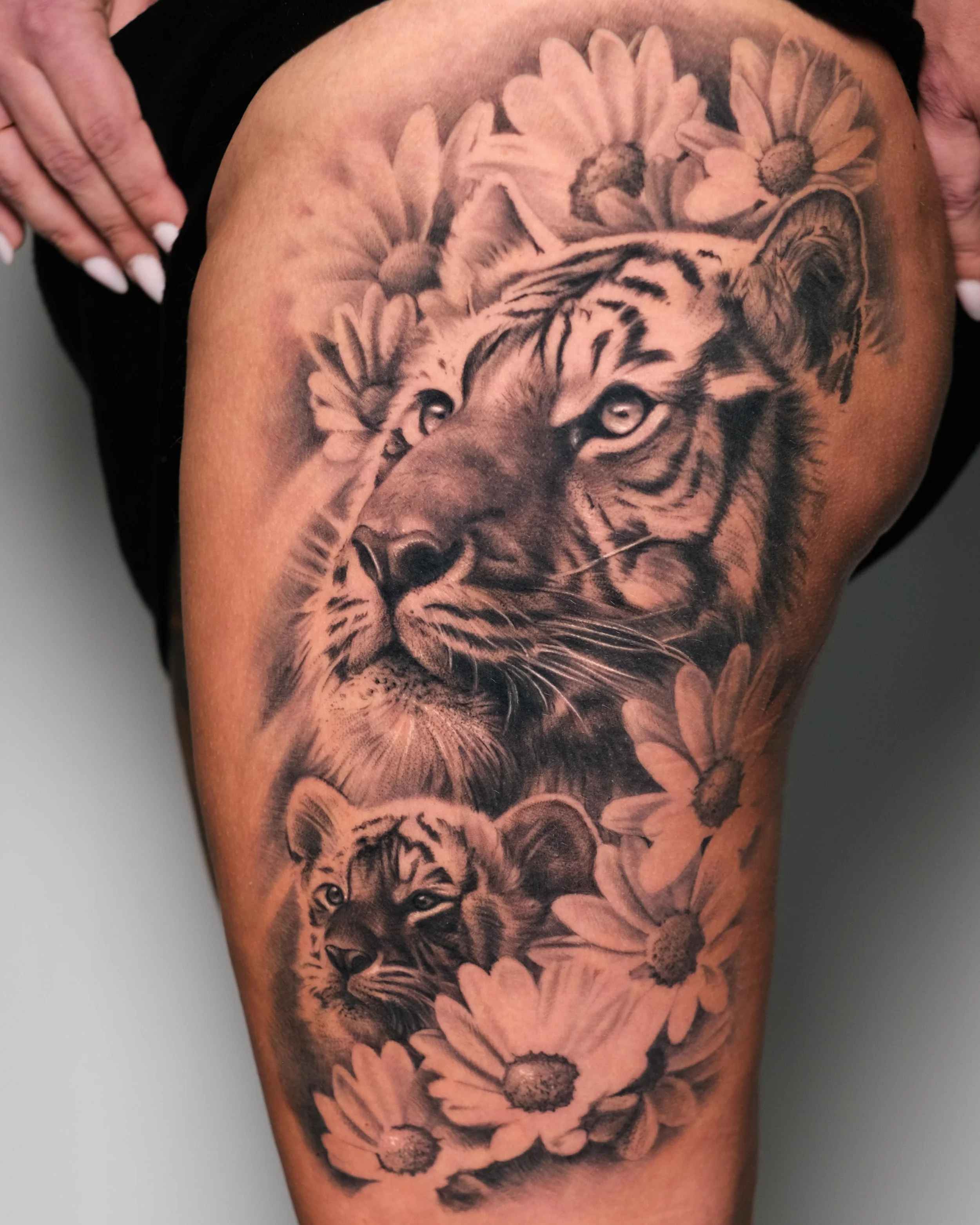 Tattoo of a tiger's face surrounded by daisies on person's arm - Atlas Tattoo in Luxembourg