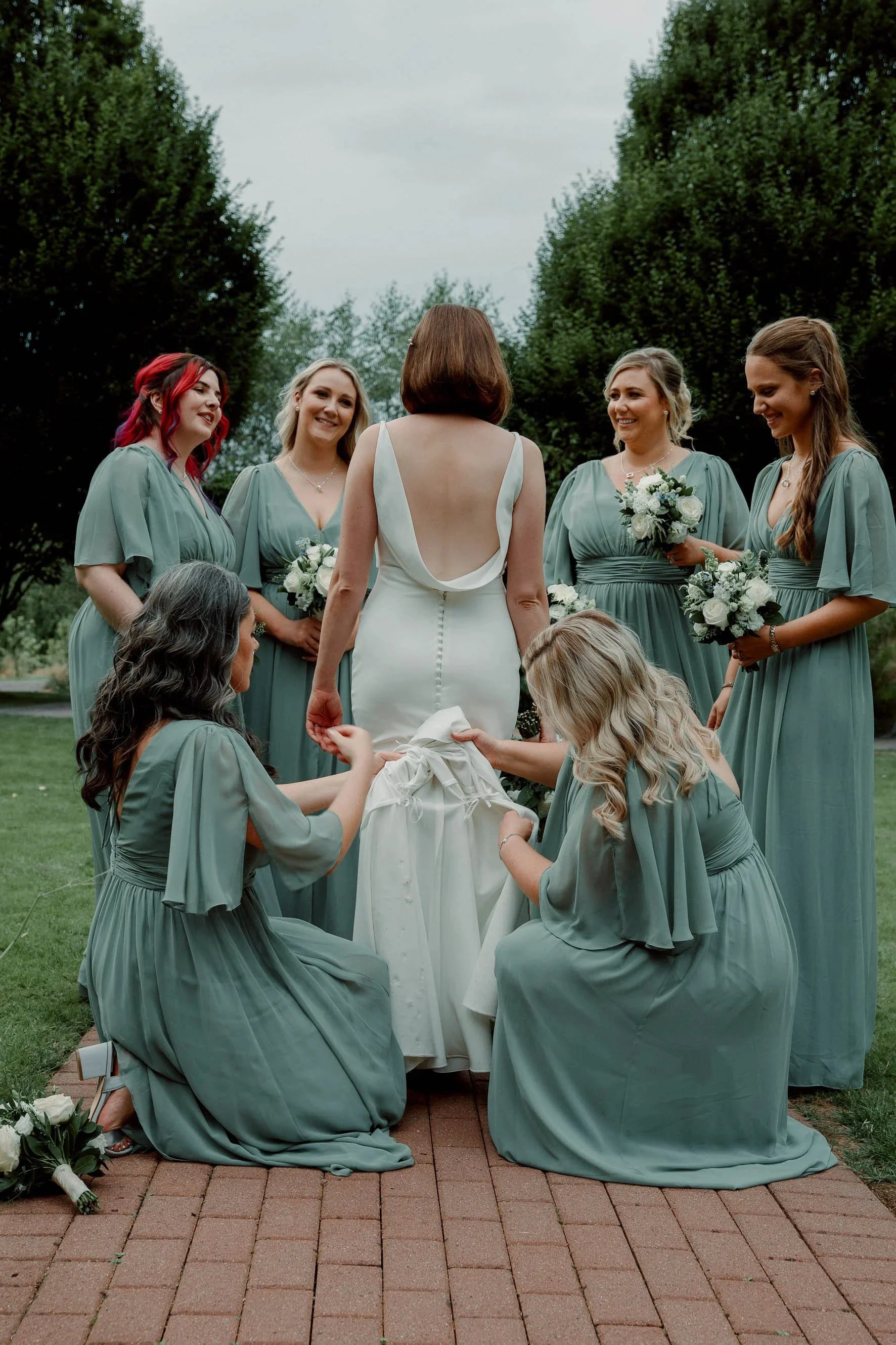 bridesmaids bustling bride at fernhill hotel wedding venue in Cork