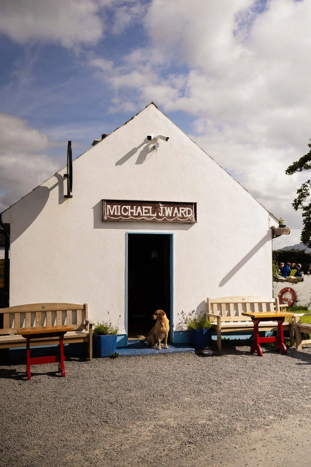 Een huis met een bord met de tekst 'MICHAEL J.WARD'. In de deuropening zit een hond. Er staan twee houten banken en plantenbakken voor het huis. Op de achtergrond zijn mensen te zien die aan een tafel zitten gefotografeerd door Eric van den Elsen.