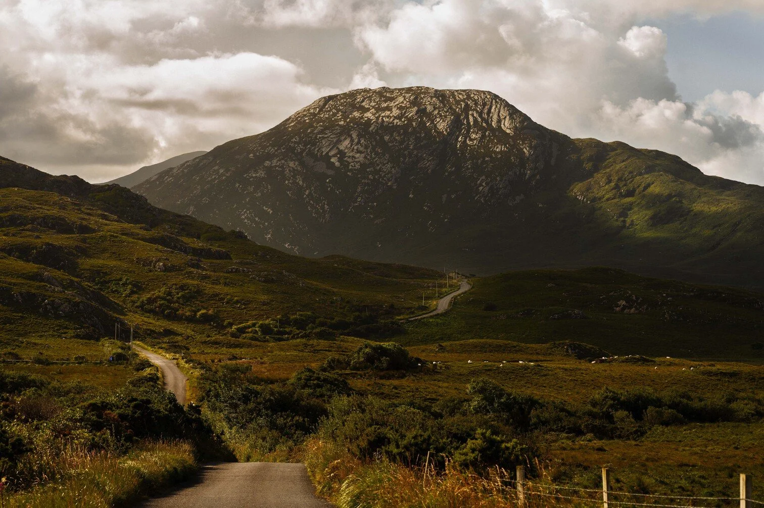 Schoon landschap met een smal weggetje dat door groene heuvels naar een grote berg in de achtergrond leidt, met bewolkte hemel erboven gefotografeerd door Eric van den Elsen voor Vogue Living in Ierland.