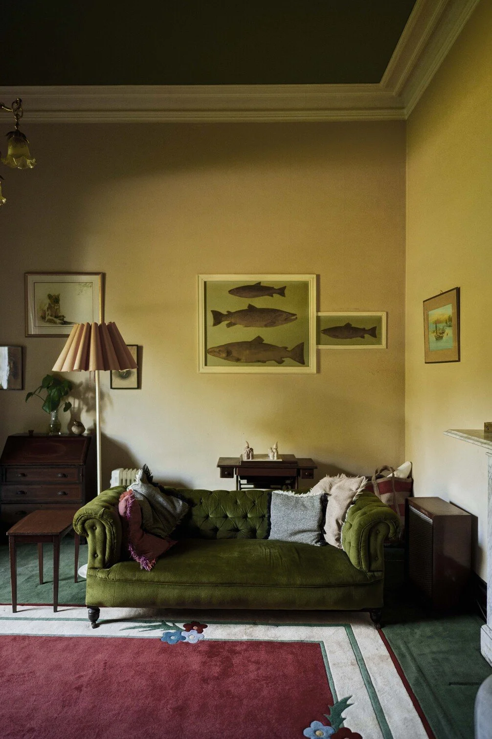 Leuk woonkamer met groene bank, kunst op de muur met vissen, en een rode en groene tapijt gefotografeerd door Eric van den Elsen.