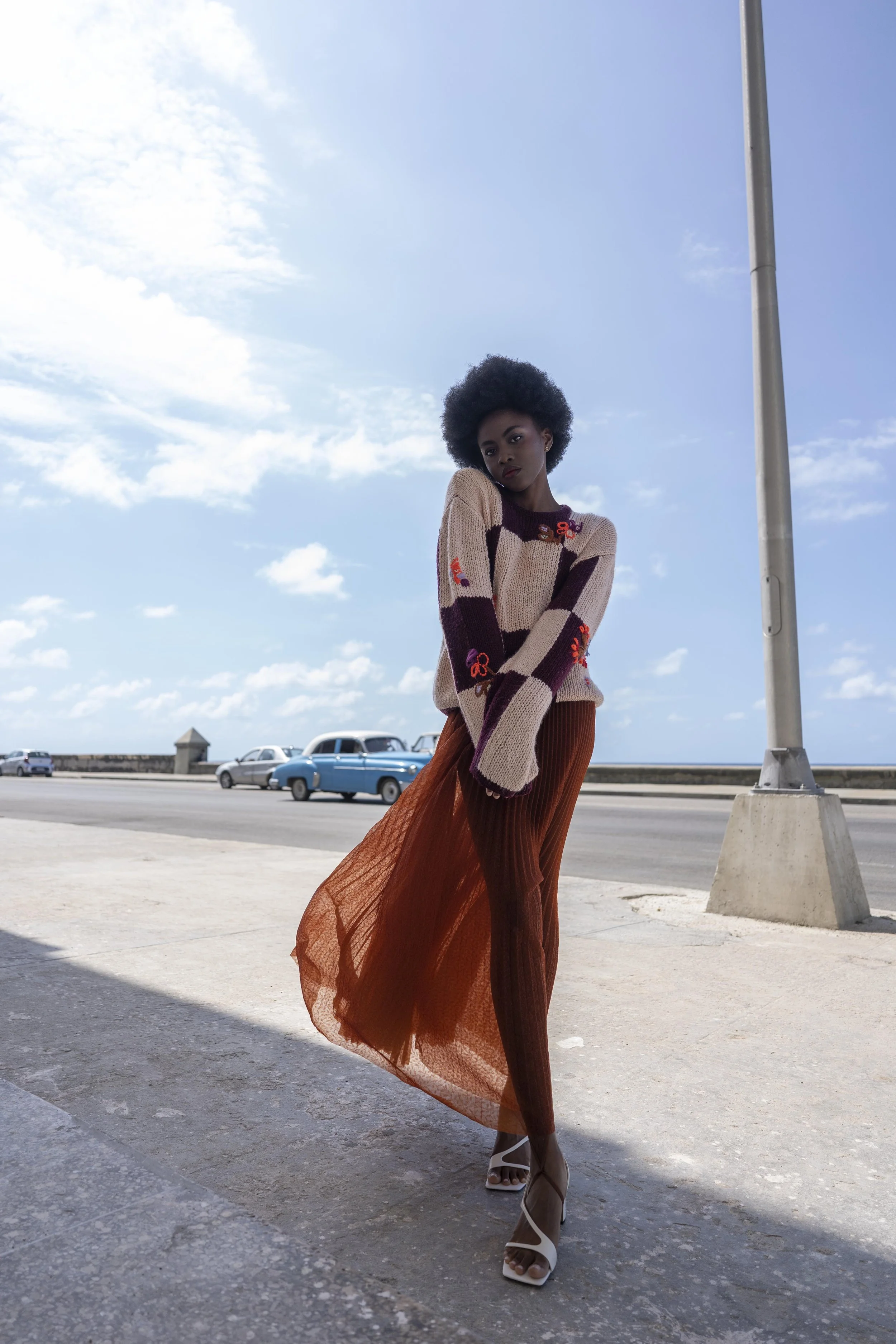 Een vrouw met een groot afro haar, gekleed in een gekleurde gebreide trui met bloemmotieven en een lange, doorzichtige oranje rok onder een bewolkte blauwe hemel gefotografeerd door Eric van den Elsen in Cuba.