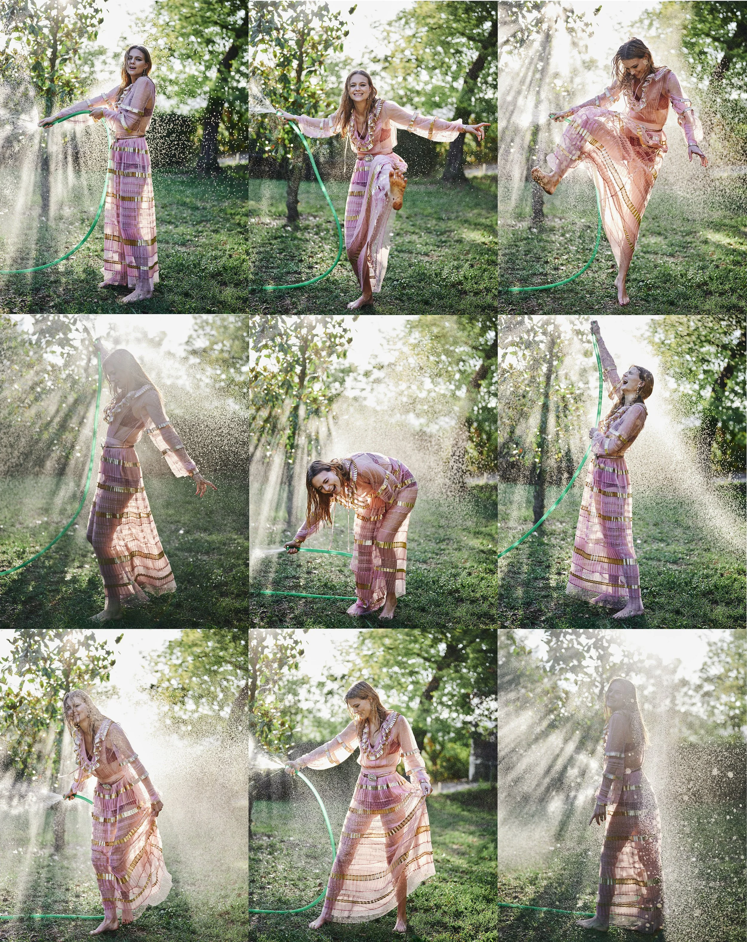 Vrouw in een roze en gouden jurk die met een tuinwaterslang water sproeit in een groene tuin, diverse poses, zonnestralen door de bomen gefotografeerd door Eric van den Elsen.
