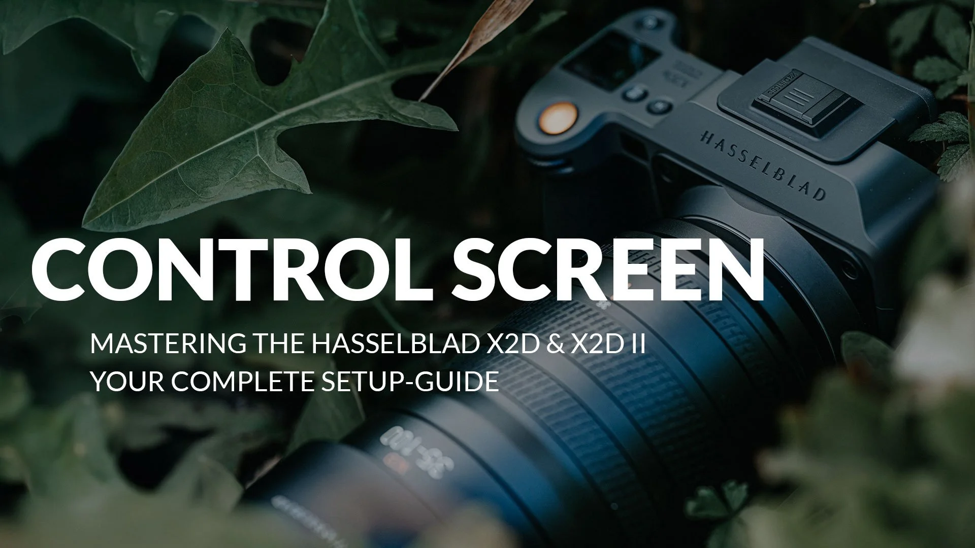Photo of a Hasselblad camera surrounded by green leaves, with text overlay: 'Control Screen, Mastering the Hasselblad X2D & X2D II, Your Complete Setup-Guide'.