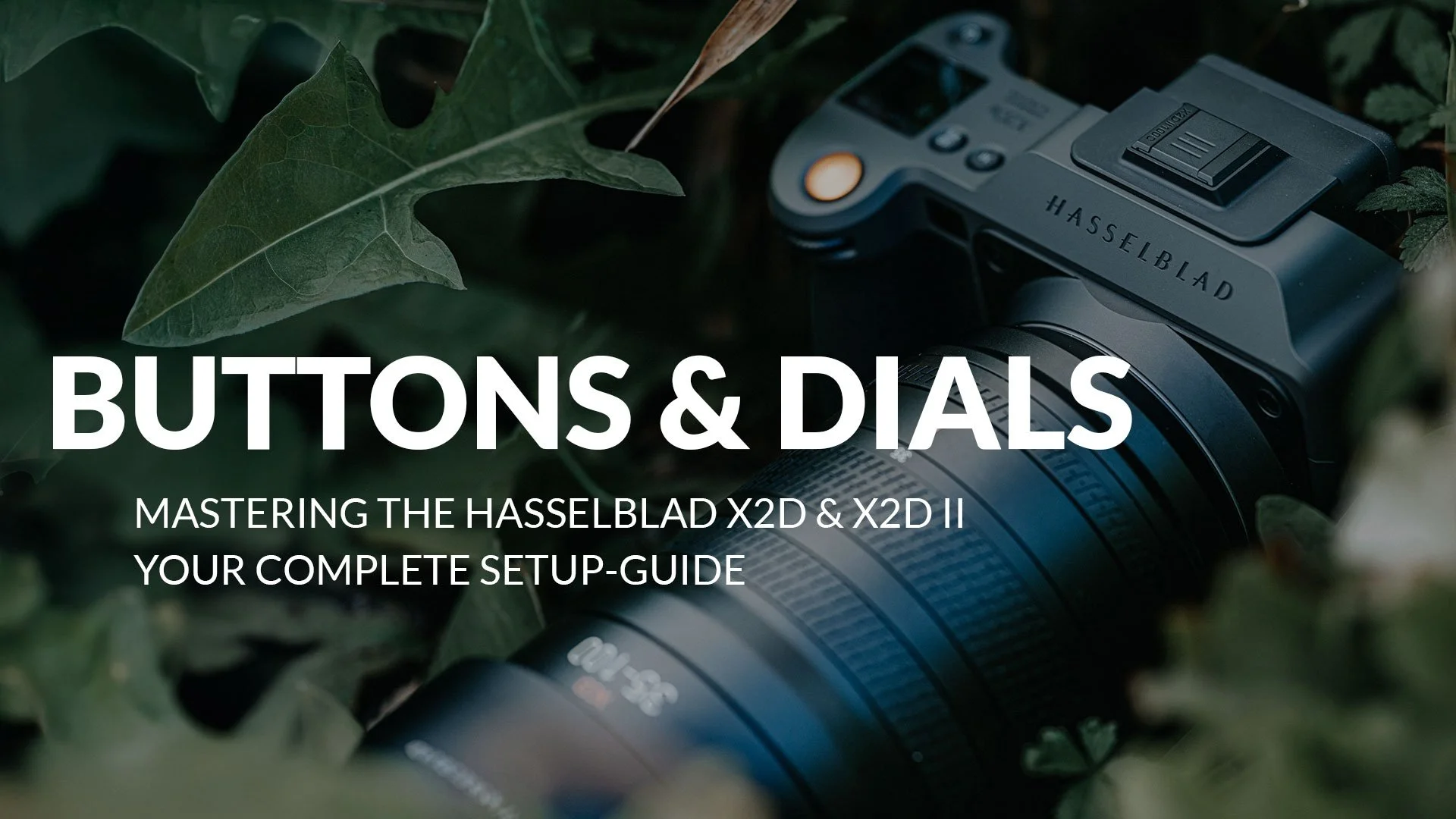 A camera lies in the green foliage, with the text "Buttons & Dials - Mastering the Hasselblad X2D & X2D II Your Complete Setup-Guide" superimposed.