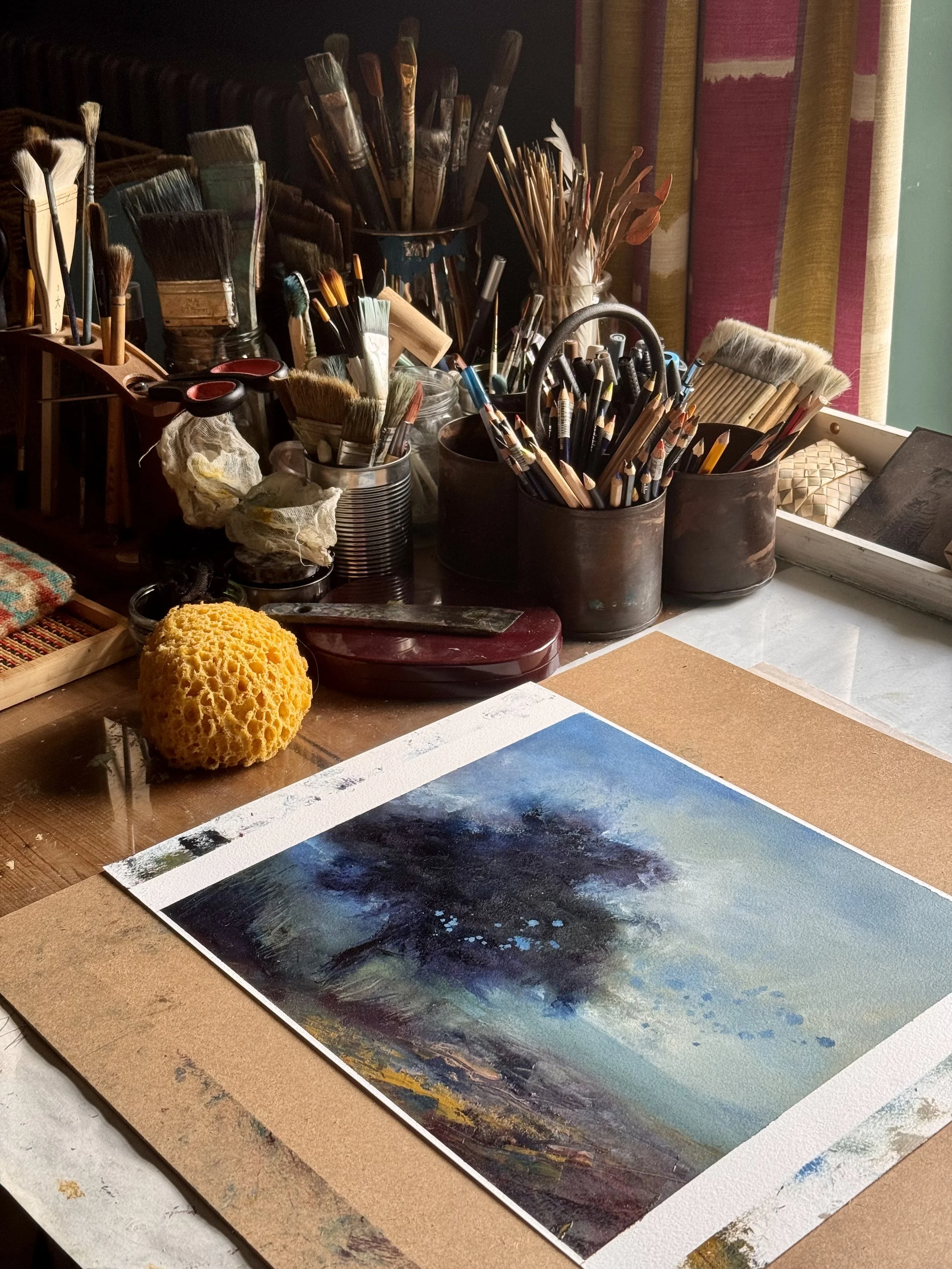 helen arthur original oil painting lone tree on paper  in studio