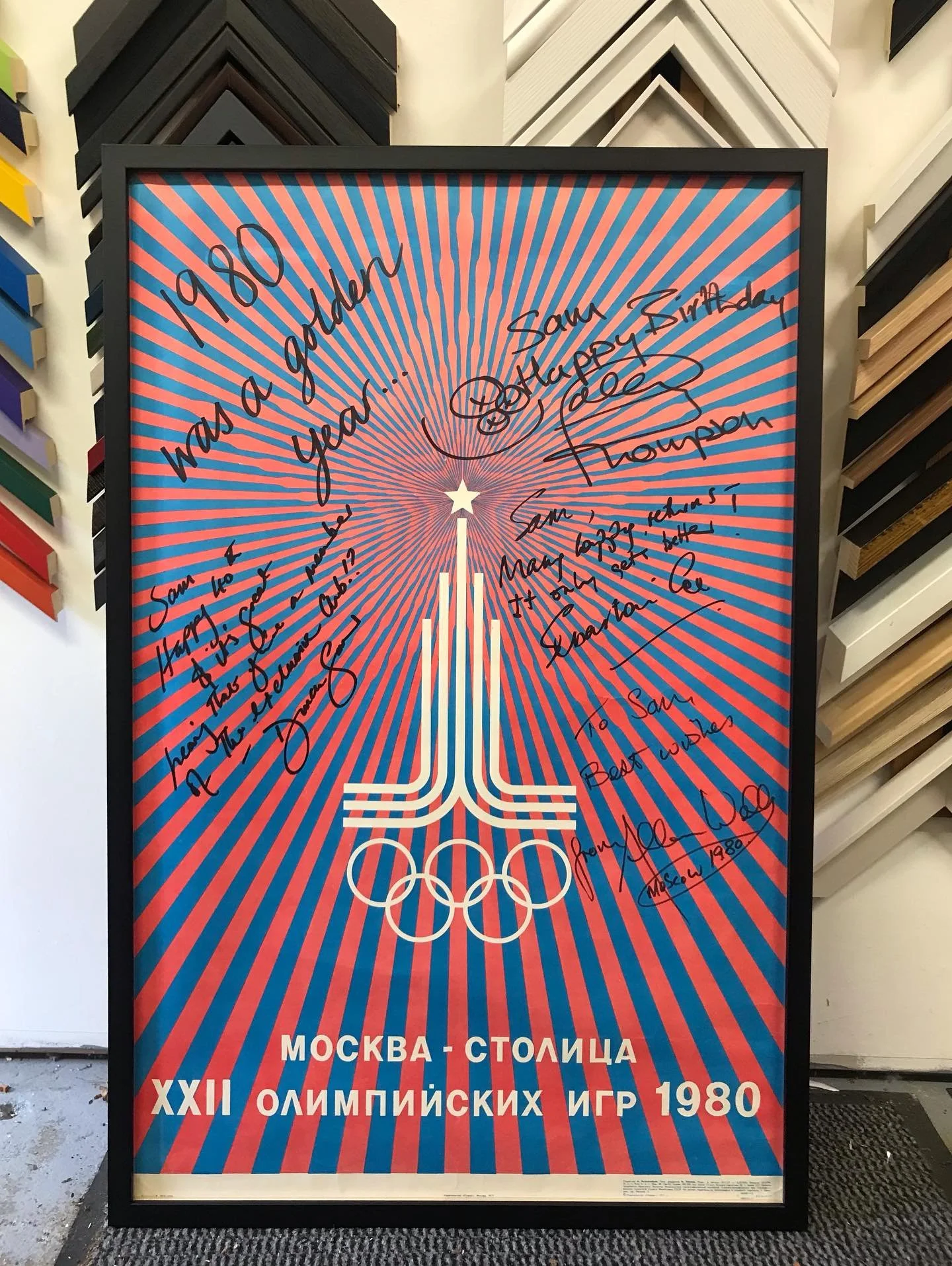 Original 1980 Moscow Olympic Poster, signed by GB Gold medalists. Black frame, spacer, AR99 glass.
#olympics #moscow #GB #gbgold 
#pictureframing #art #wallart #framing #pictures #mounting #artoftheday #glass #hangingart #farnhamframing #farnhampictu