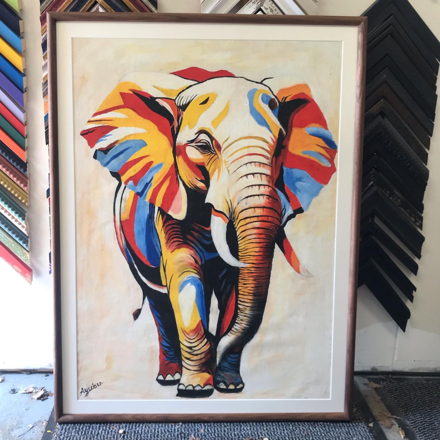 Canvas framed with mount, AR70 glass &amp; walnut frame.
Redkite picture framing is a local framers based in Farnham, Surrey. 
#elephant #southafrica #farnhamframing #pictureframingshop #localart