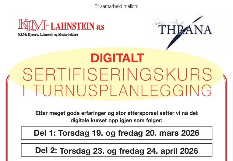 digitalt SERTIFISERINGSKURS I TURNUSPLANLEGGING - 25 og 26 sept (Del 1) og 23 og 24 okt (del 2) 2025 