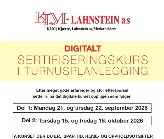 digitalt SERTIFISERINGSKURS I TURNUSPLANLEGGING -21. og 22. september (Del 1) og 15. og 16. oktober (del 2) 2026