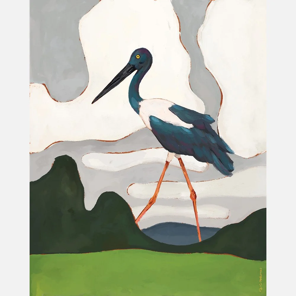 stork walking through rolling hills with soft clouds in the background, depicted in a painting-style art print.