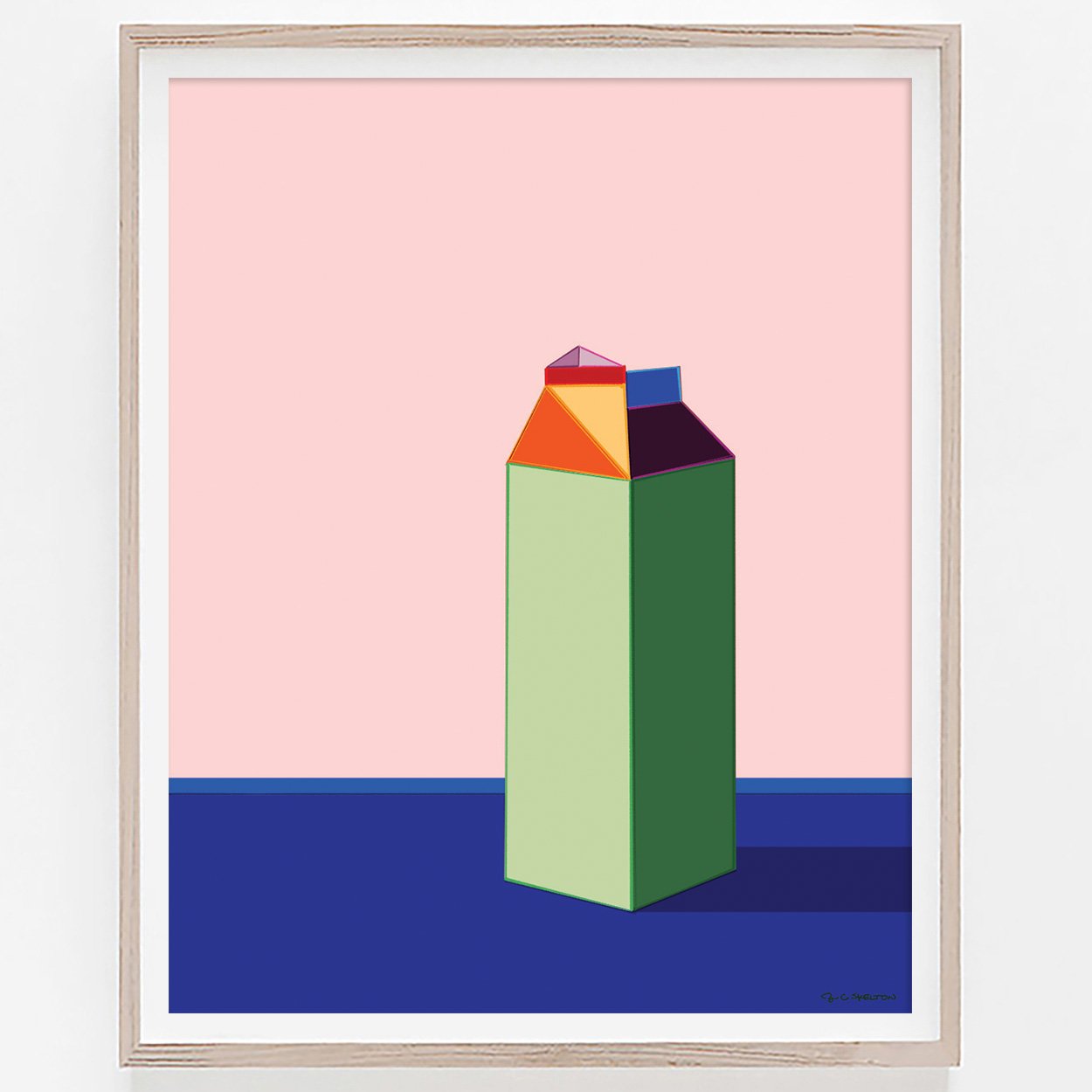Modern milk carton art print with bold, vibrant colors for a playful aesthetic.