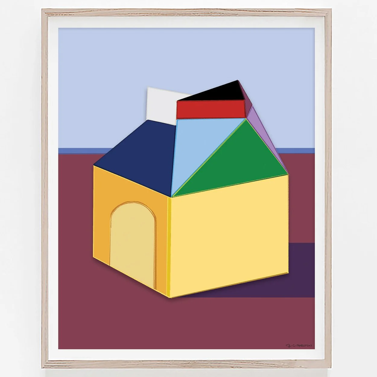 Playful and surreal painting of a milk carton transformed into a bright, whimsical house.