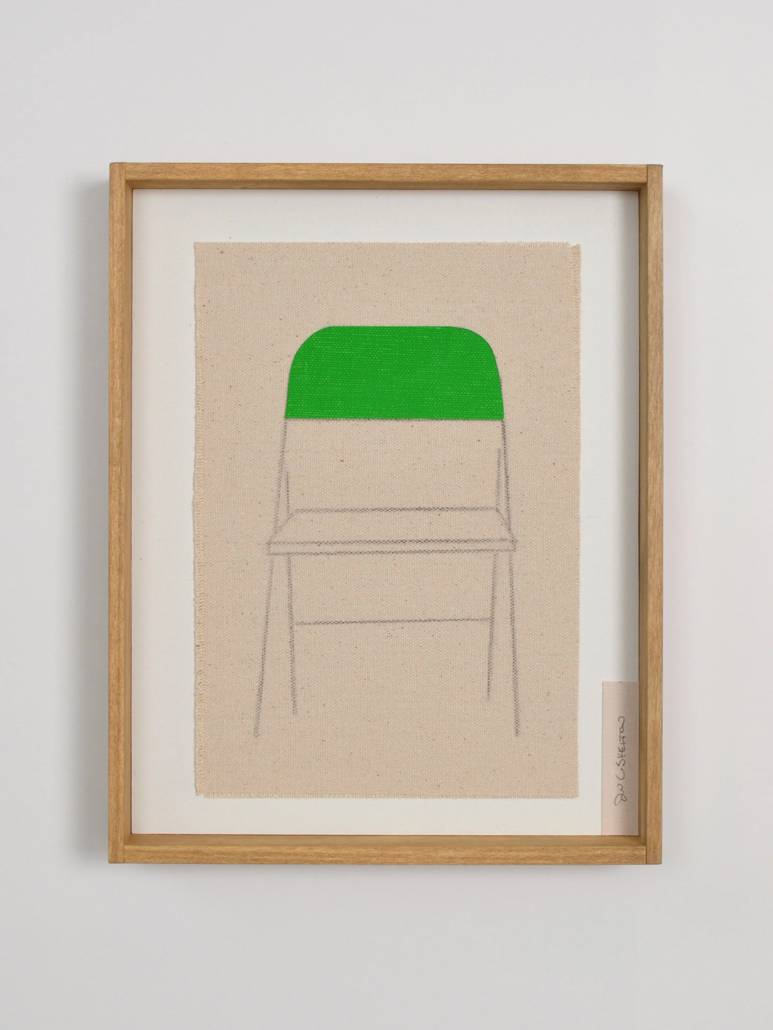 Handmade framed textile artwork with layered geometric fabric composition in green tones by Ryan C Skelton