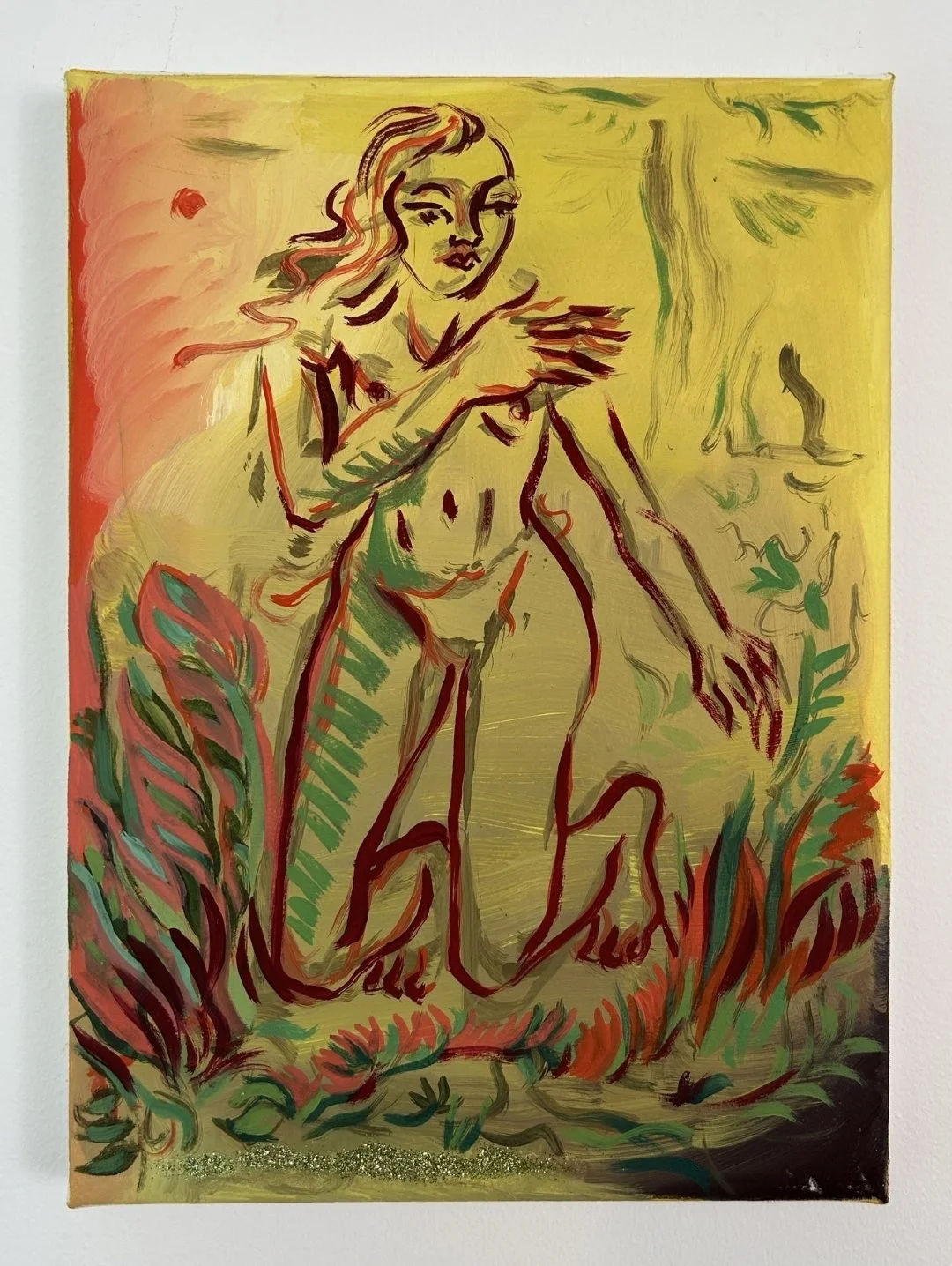 Peinture à l'huile sur papier Height House par Marie Michelle Le Millier, 2024. Œuvre contemporaine sur châssis avec paillettes, disponible sur Artsy