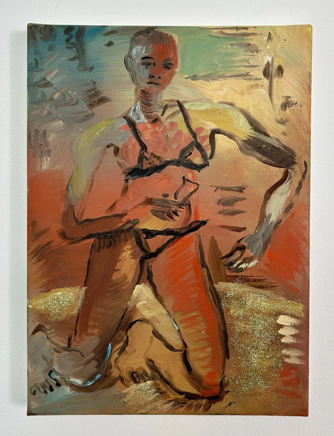 Peinture à l'huile sur papier tiré sur châssis Comme une larme sur ta joue par l'artiste Marie Michelle Le Millier, 2024. Une œuvre figurative contemporaine explorant le vertige de la transmission.