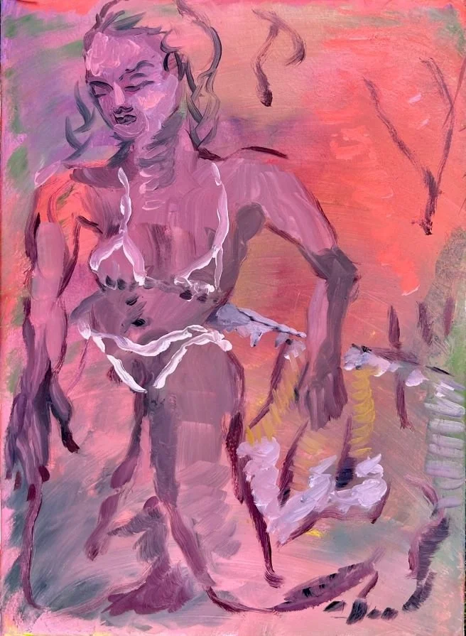 • Peinture figurative contemporaine Kalamindas par l'artiste Marie Michelle Le Millier, 2024. Huile sur papier tiré sur châssis évoquant la mémoire collective.