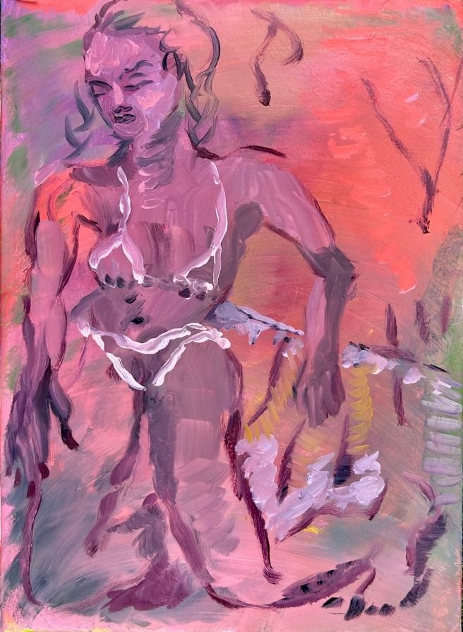 Peinture à l'huile sur papier Kalamindas par l'artiste Marie Michelle Le Millier, 2024. Une œuvre figurative contemporaine illustrant la poétique de l'espace.