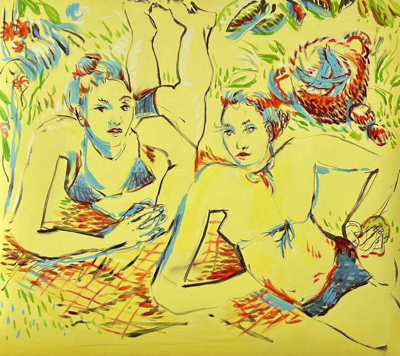 Peinture à l'huile sur papier the hight yellow moon won't come out to play 2024 par l'artiste Marie Michelle Le Millier. Une oeuvre figurative contemporaine évoquant les rituels du quotidien