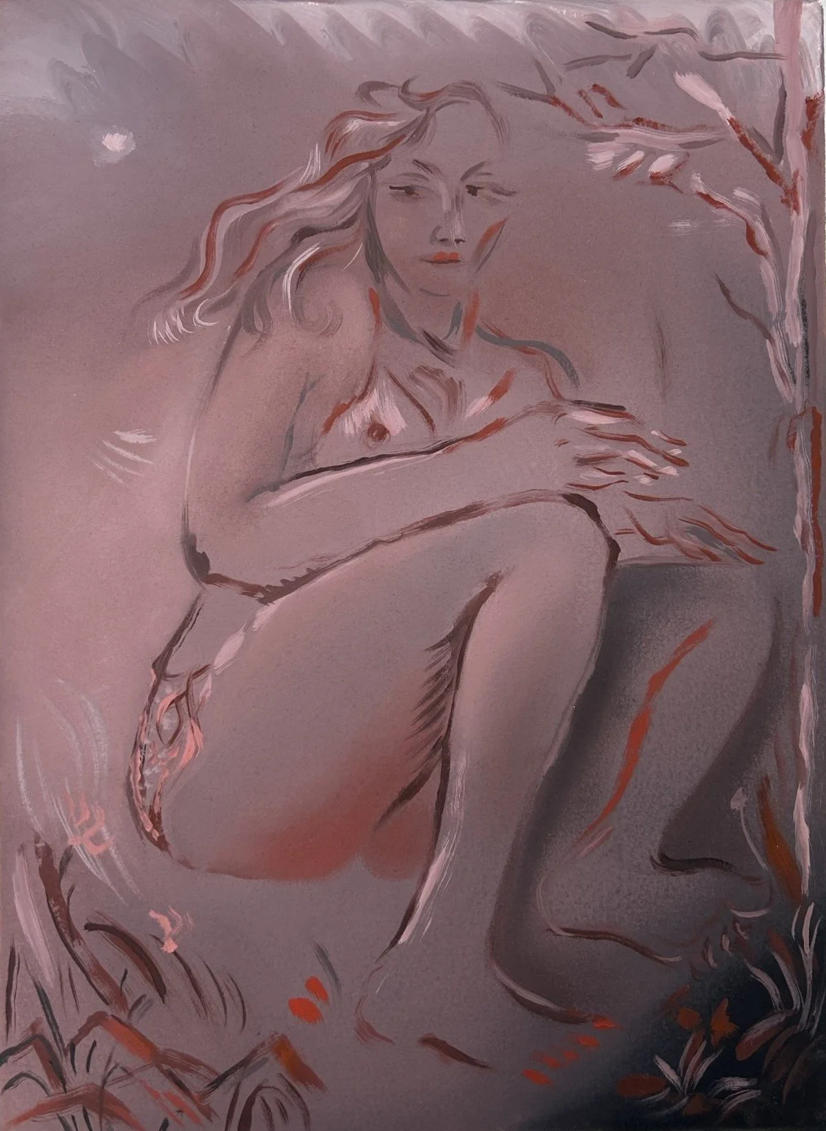 Peinture à l'huile sur papier I Have Lost Two Hundred Years par Marie Michelle Le Millier, 2024. Scène figurative contemporaine interrogeant l'histoire et la culture créole